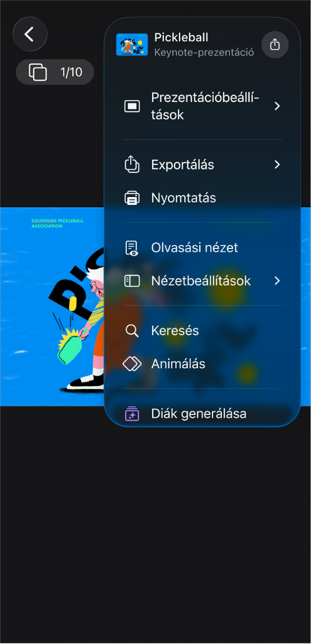 A Keynote app a megnyitott exportálási lehetőségekkel az eszközsor Továbbiak menüjében.