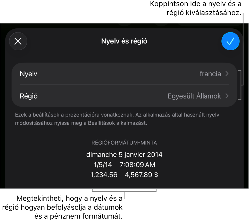 A Nyelv és régió panel a nyelv és régió vezérlőivel és egy formátum példával (ide értve: dátum, idő, tizedes és valuta).