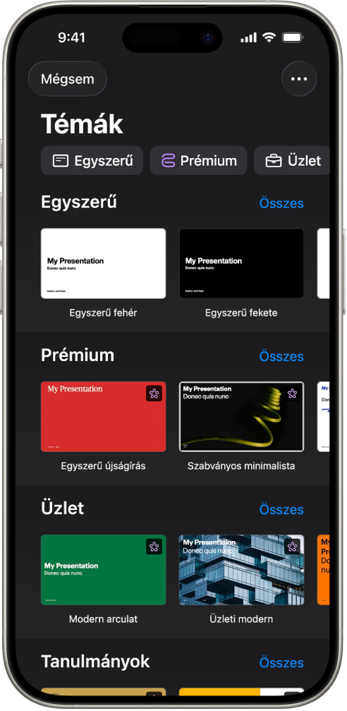 A témaválasztó, a kategóriák sorával a felső részén, ahonnan a szűrési feltételek választhatók ki. Alattuk előre elkészített témák bélyegképei láthatók, kategóriákba rendezett sorokban.