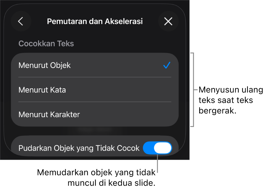 Pilihan pengiriman dan akselerasi Gerakan Ajaib di panel Akselerasi.