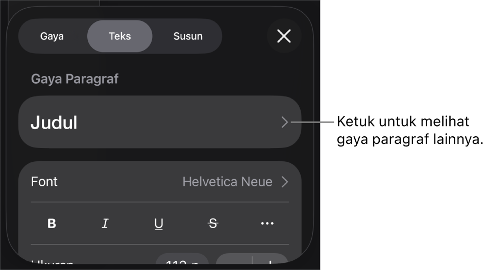 Menu Format menampilkan kontrol teks untuk mengatur paragraf dan gaya karakter, font, ukuran, dan warna.