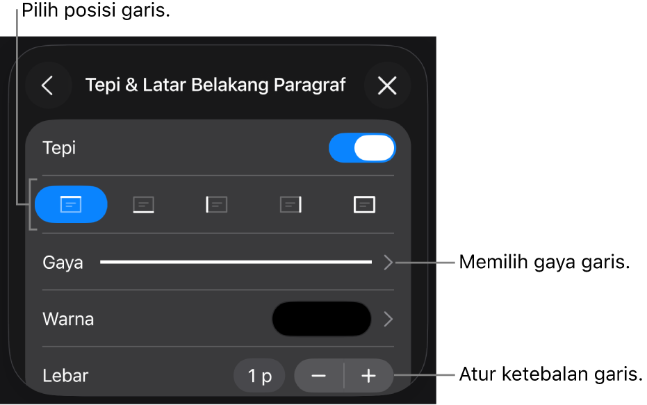 Kontrol untuk mengubah gaya, ketebalan, posisi, dan warna garis.