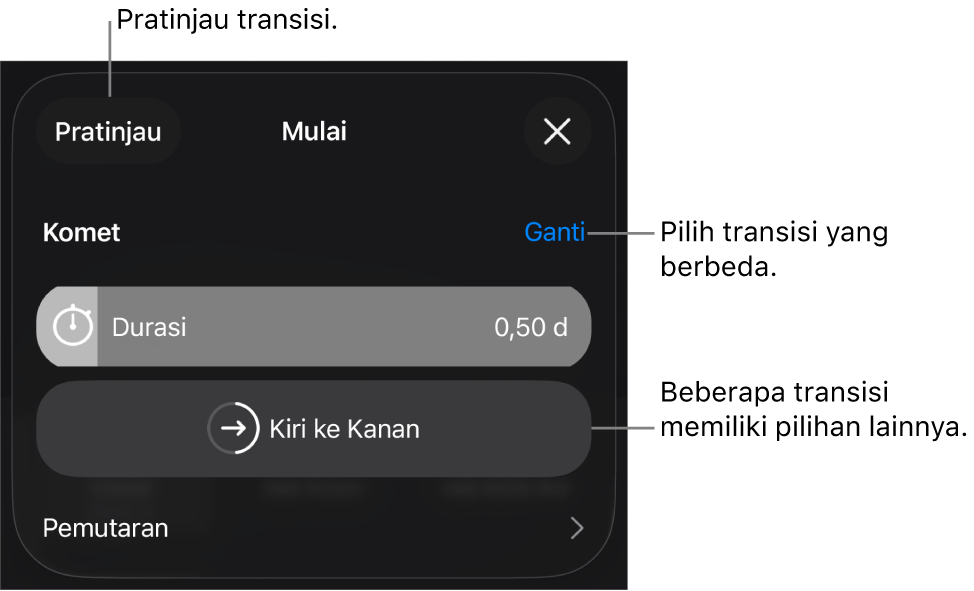 Kontrol di panel Pilihan untuk memodifikasi transisi.