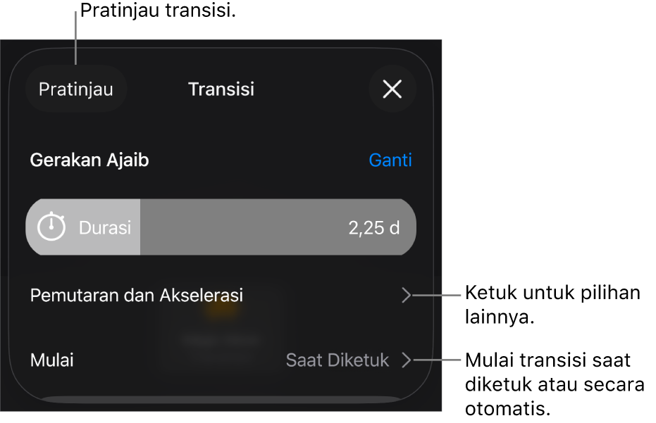 Gerakan Ajaib di panel Transisi.