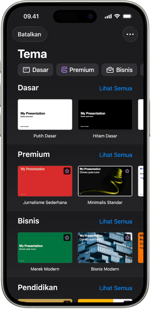 &nbsp;Pemilih tema, menampilkan baris kategori di sepanjang bagian atas yang dapat Anda ketuk untuk memfilter pilihan. Di bawah terdapat gambar mini tema yang dirancang sebelumnya yang diatur dalam baris menurut kategori.