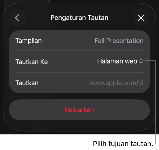 Kontrol Pengaturan Tautan dengan Halaman Web dipilih, dan tombol Hapus di bagian bawah.