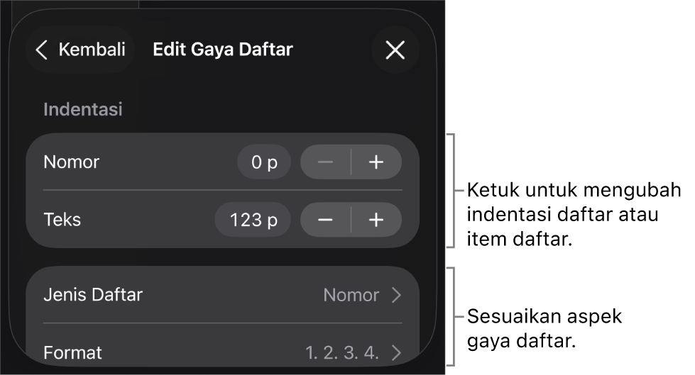 Menu Edit Gaya Daftar dengan kontrol untuk mengedit jenis dan tampilan daftar.
