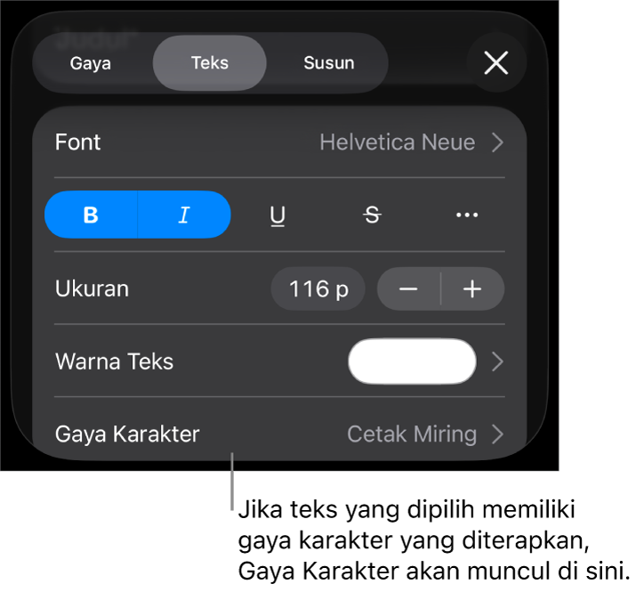 Kontrol pemformatan Teks dengan Gaya Karakter di bawah kontrol Warna. Gaya karakter Tidak Ada muncul dengan asterisk.