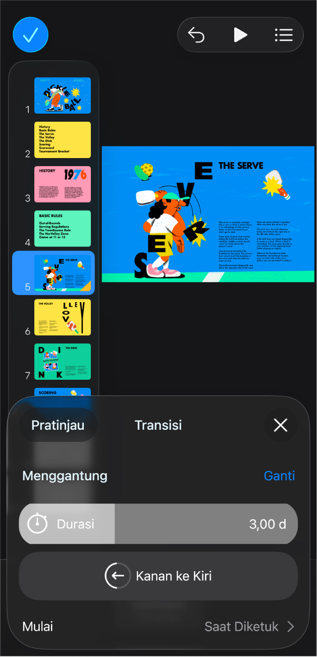 App Keynote dengan slide yang dipilih di navigator slide di sisi kiri layar. Tombol Transisi muncul di menu sebelah kanan slide yang dipilih.