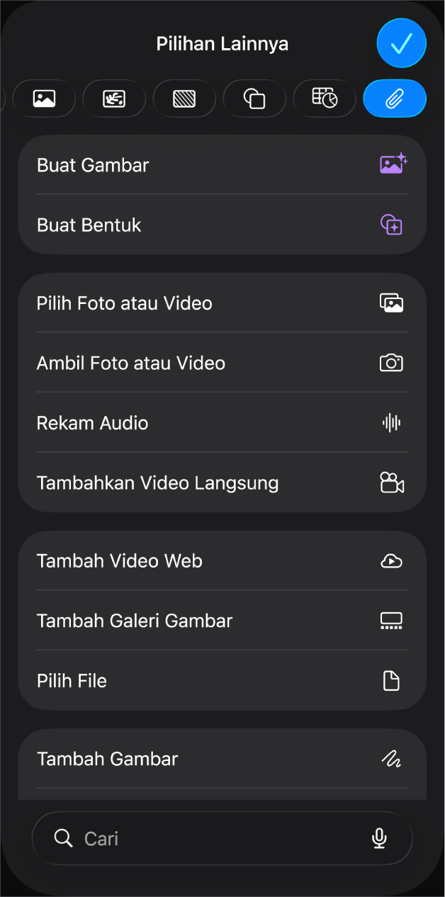 Menu Media menampilkan tombol untuk menambah dan merekam berbagai objek media.