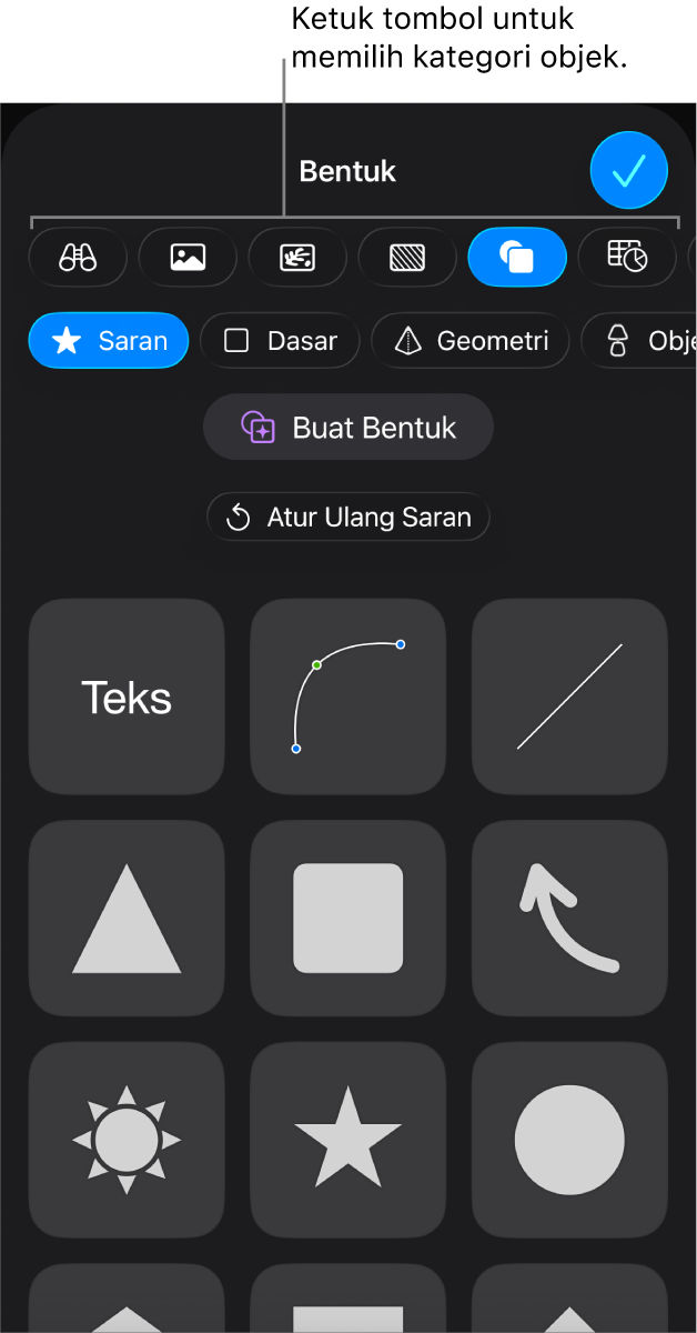 Kontrol untuk menambahkan objek, dengan tombol di bagian atas untuk memilih tabel, bagan, bentuk (termasuk baris dan kotak teks), dan media.