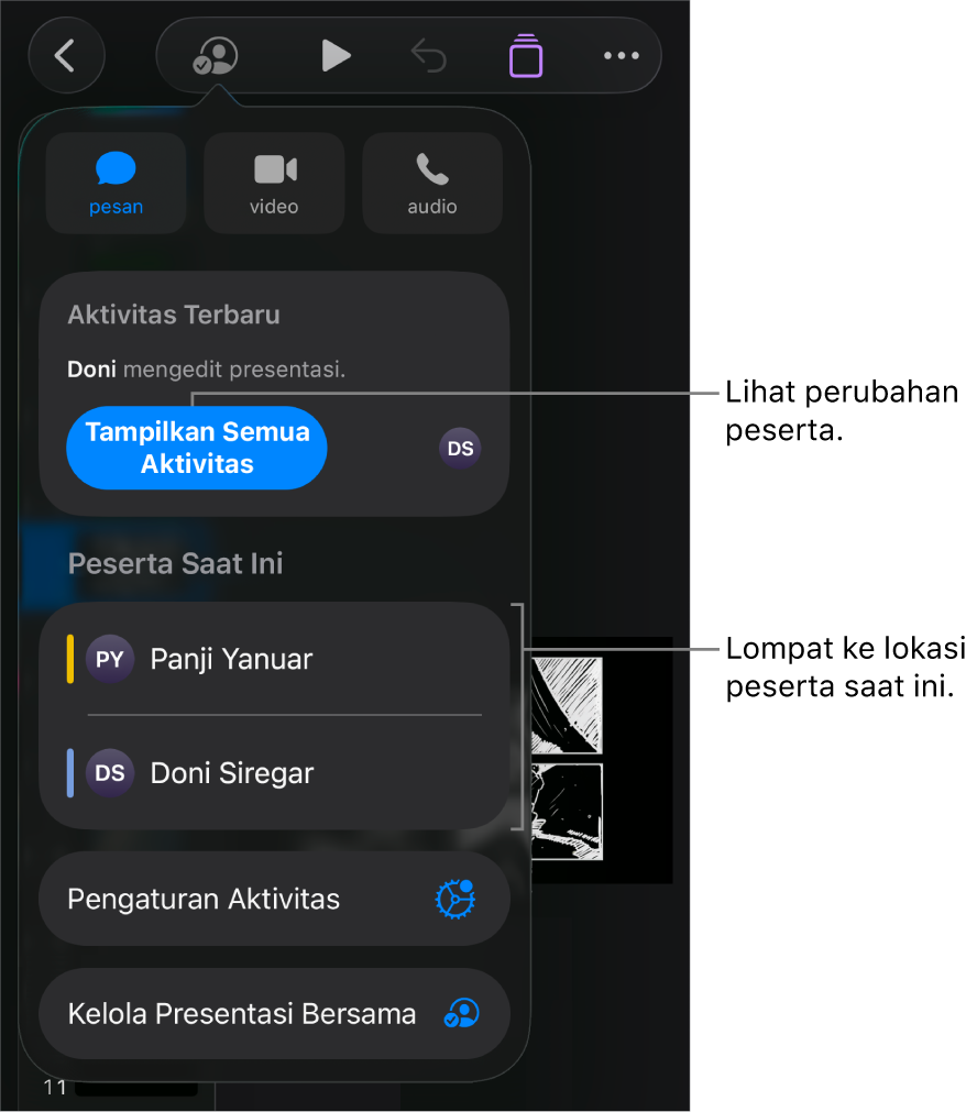 Menu kolaborasi dengan peserta saat ini terdaftar.