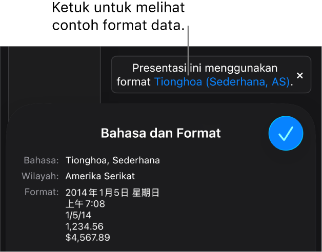 Pemberitahuan pengaturan bahasa dan wilayah yang berbeda, menunjukkan contoh format dalam bahasa dan wilayah tersebut.