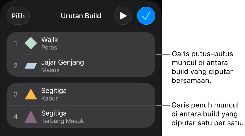 Menu Susunan Build, dengan titik putus-putus muncul di antara build yang diputar bersamaan dan garis penuh di antara build yang diputar satu per satu.