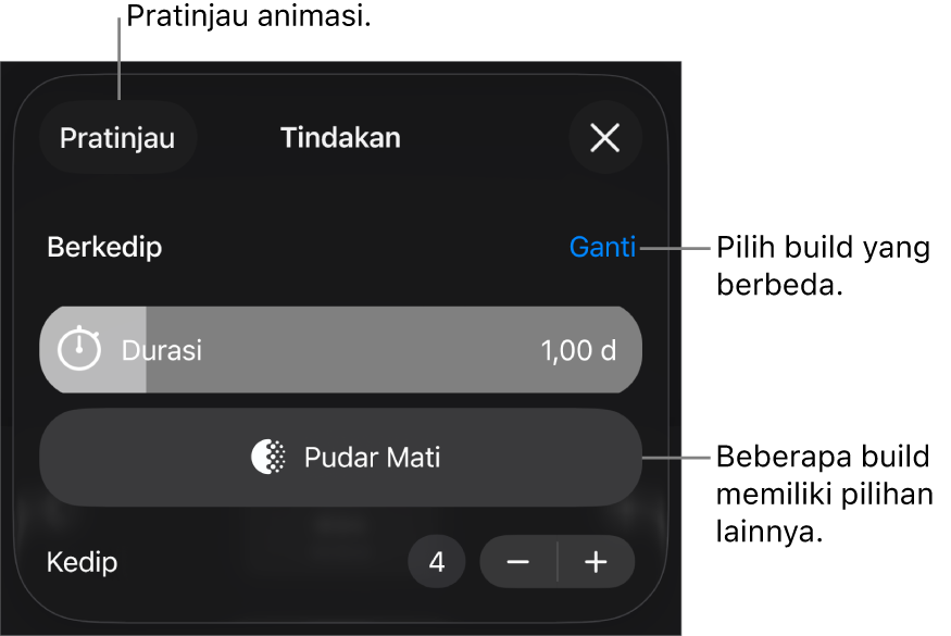 Pilihan build termasuk Durasi dan Mulai waktu. Ketuk Ubah untuk memilih build berbeda, atau ketuk Pratinjau untuk mempratinjau build.