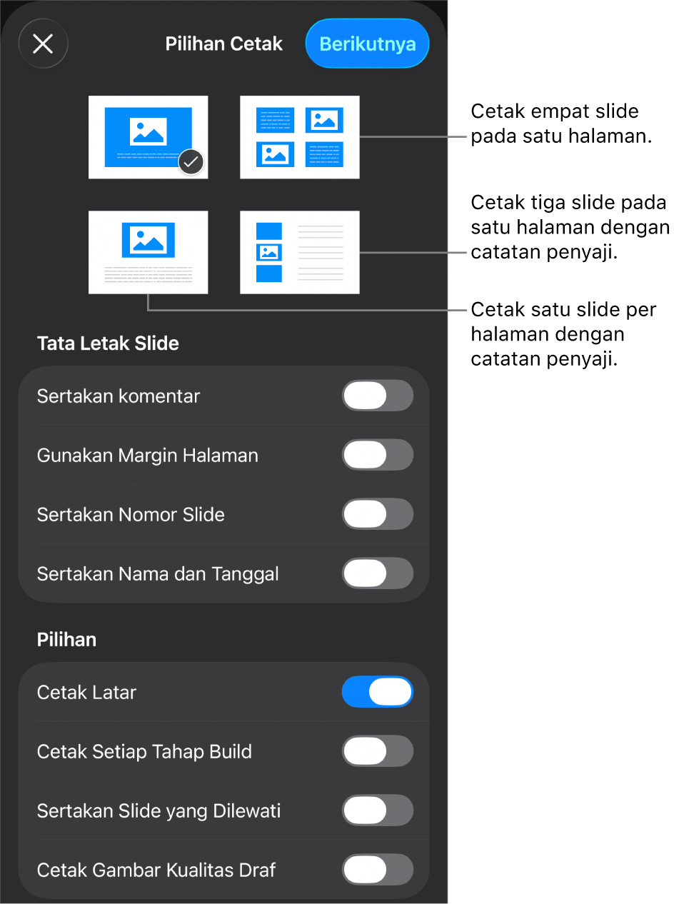 Pilihan tata letak pencetakan.