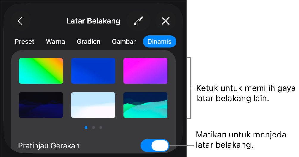 Kontrol latar belakang dinamis dengan gambar mini gaya latar belakang dan tombol Pratinjau Gerakan ditampilkan.