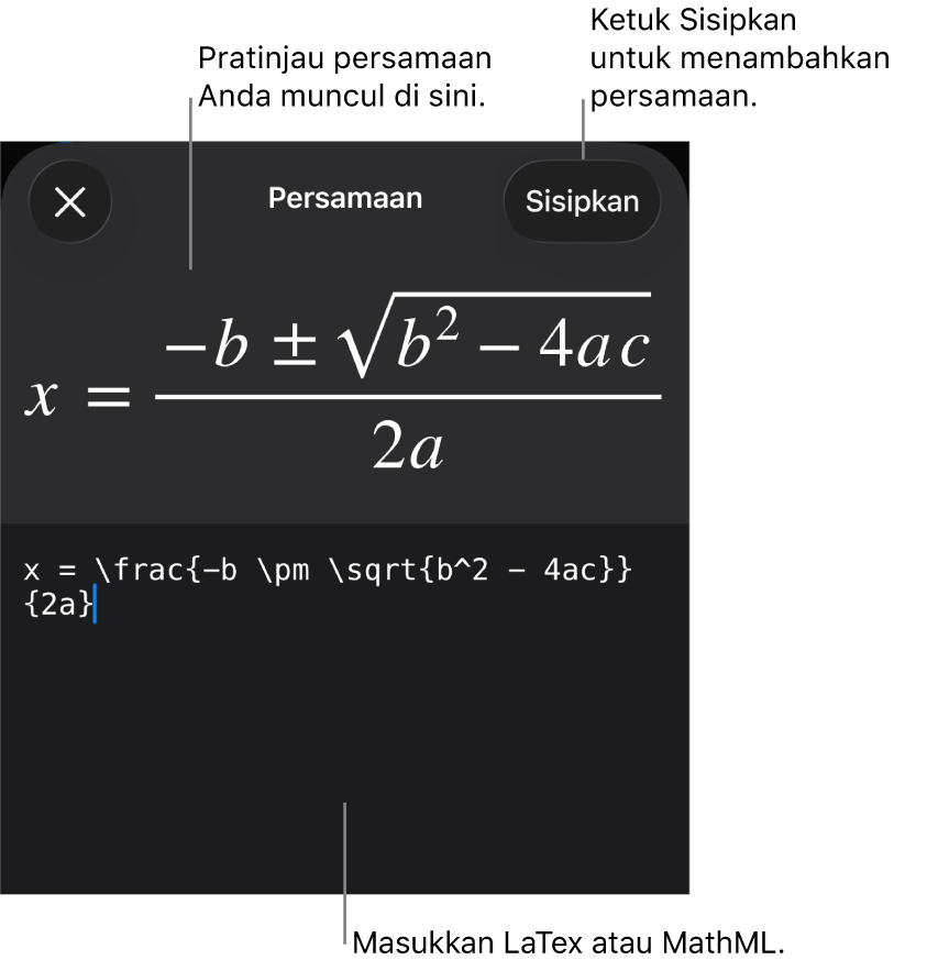 Dialog Persamaan, menampilkan sebuah persamaan ditulis menggunakan perintah MathML, dan pratinjau formula di atas.