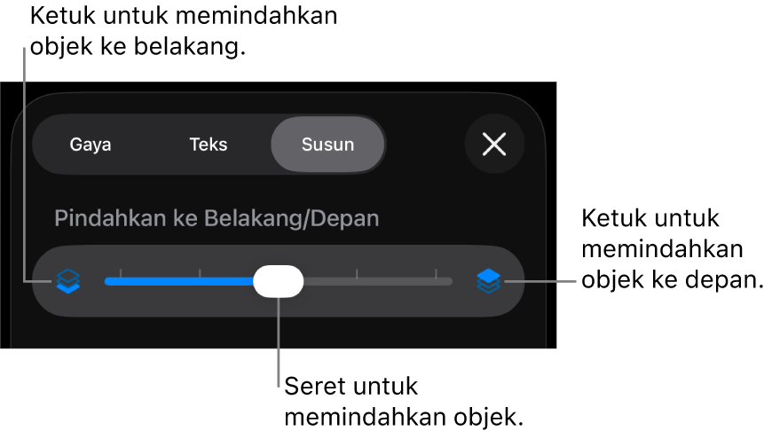 Tombol Pindahkan ke Belakang, tombol Pindahkan ke Depan, dan penggeser lapisan.