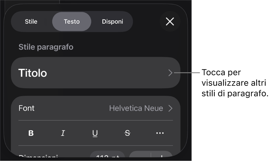 Menu Formato con controlli di testo per impostare stili carattere e paragrafo, font, dimensione e colore.