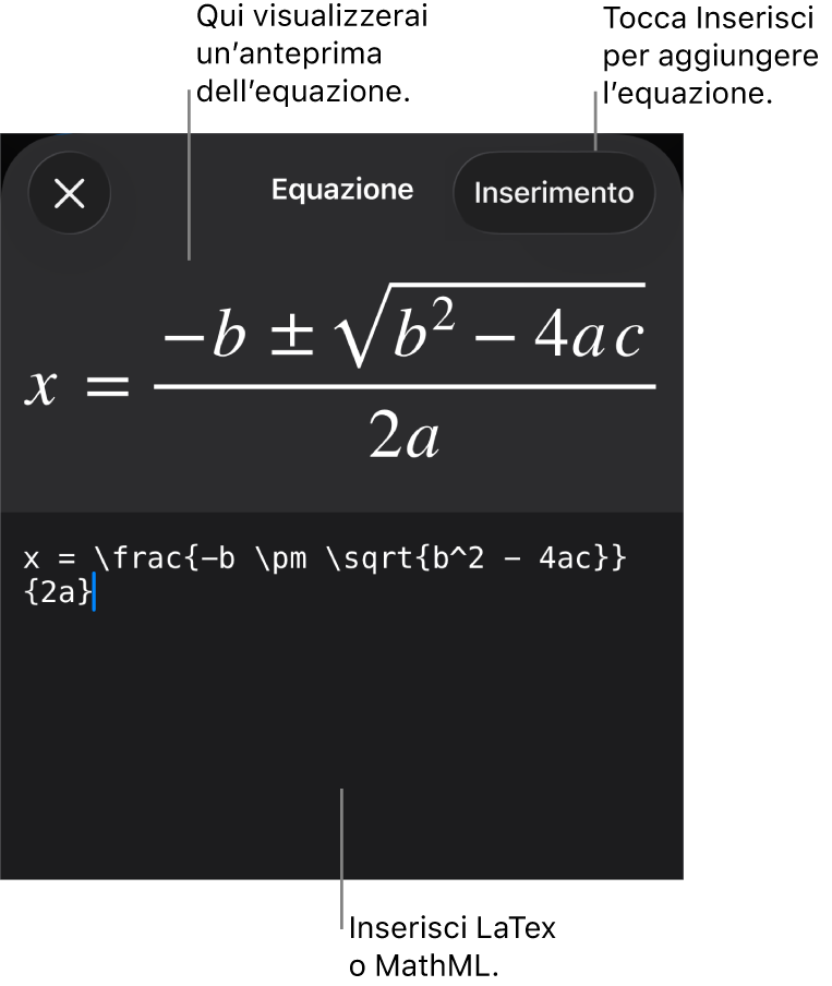 La finestra di dialogo Equazione che mostra l’equazione scritta tramite comandi MathML e un’anteprima della formula di cui sopra.