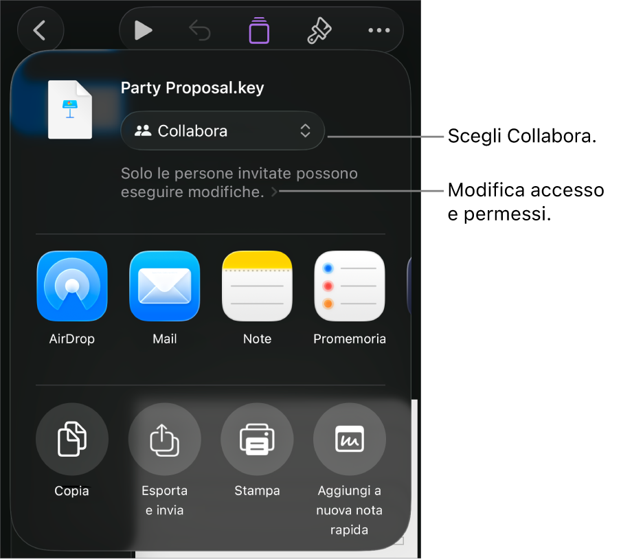 Il menu di condivisone con l’opzione Collabora selezionata in alto e le impostazioni di accesso e dei permessi sotto.