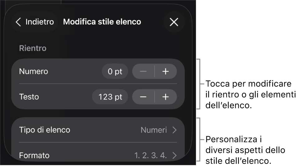 Menu “Modifica stile elenco” con controlli per modificare il tipo e l’aspetto dell’elenco.