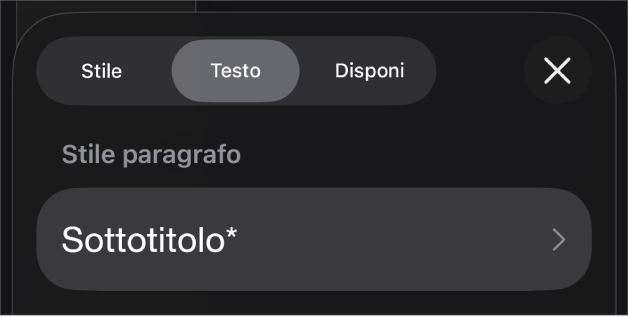 Stile paragrafo con un asterisco vicino e un pulsante Aggiorna sulla destra.