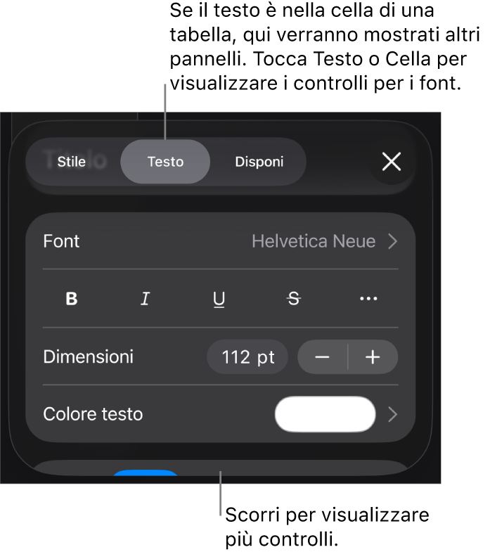 Controlli di testo nel menu Formattazione per impostare stili di carattere e paragrafo, font, dimensione e colore.