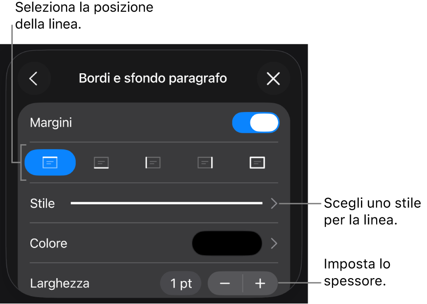 Controlli per modificare lo stile, lo spessore, la posizione e il colore della linea.