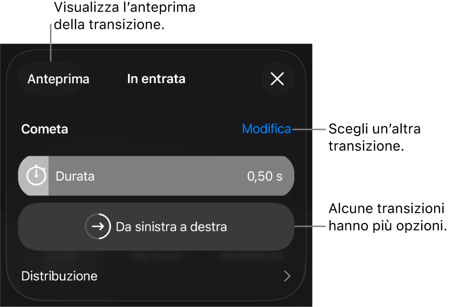 Controlli nel pannello Opzioni per modificare una transizione.