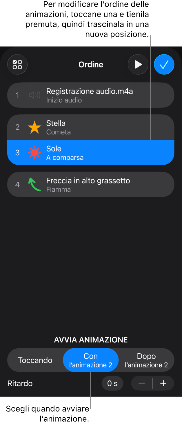 Elenco “Ordine animazioni” che mostra effetti in entrata con badge gialli ed effetti in uscita con badge grigi.