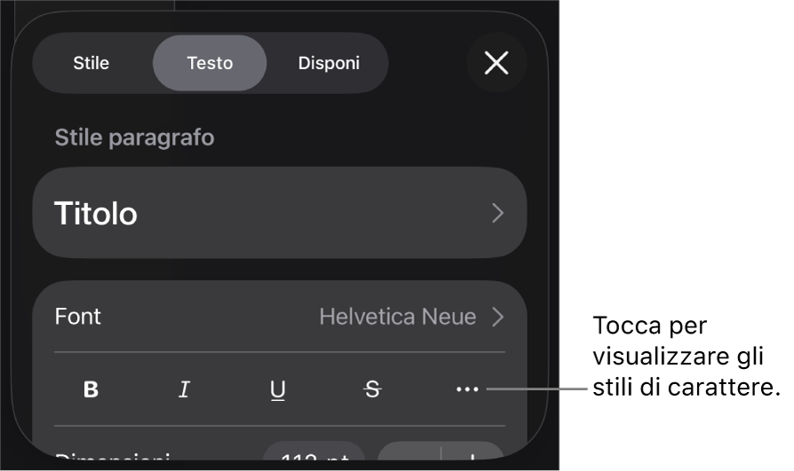 I controlli Formato con gli stili di paragrafo nella parte superiore, quindi i controlli Font. Sotto Font sono presenti i pulsanti Grassetto, Corsivo, Sottolineato, Barrato e “Altre opzioni di testo”.