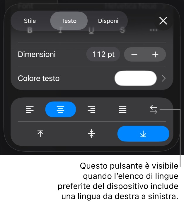 Controlli del testo nel menu Formato con una didascalia per il pulsante “Da destra a sinistra”.