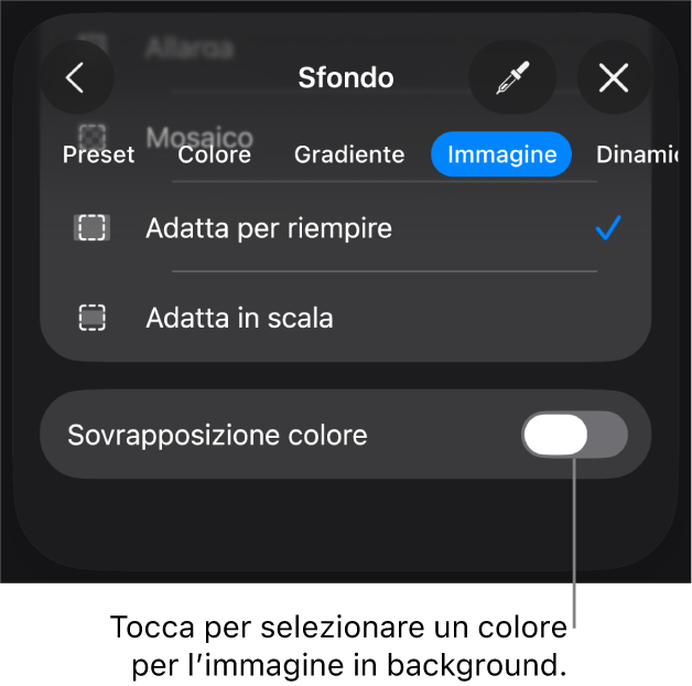 I controlli Sfondo, con un’immagine impostata come sfondo della diapositiva e il controllo “Sovrapposizione colore” nella parte inferiore.