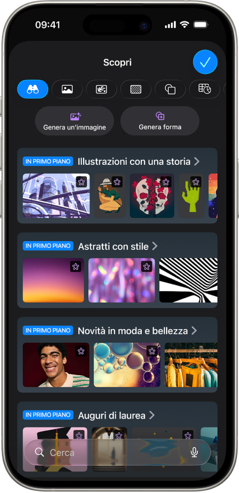 La categoria Scopri di Hub contenuti con le opzioni per generare un’immagine o aggiungere immagini premium a una diapositiva.