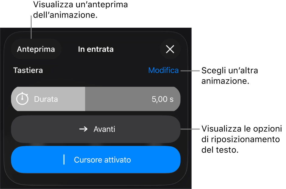 Le opzioni “In entrata” includono Durata, “Animazione testo” e Distribuzione. Tocca Modifica per scegliere un’animazione differente oppure tocca Anteprima per visualizzare l’anteprima dell’animazione.