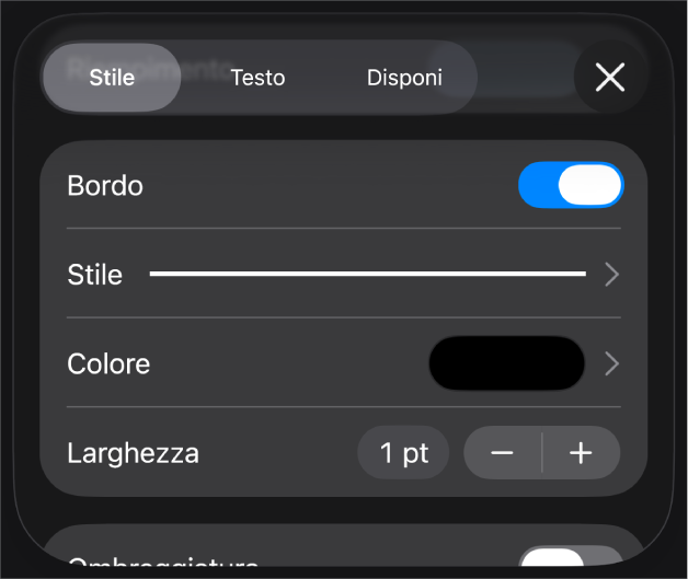 I controlli di personalizzazione dello stile Bordo.