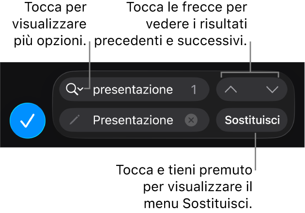 I controlli di “Trova e sostituisci” sopra alla tastiera con i pulsanti Sostituisci, “Freccia su” e “Freccia giù” e una freccia che è possibile toccare per visualizzare “Opzioni di ricerca”.