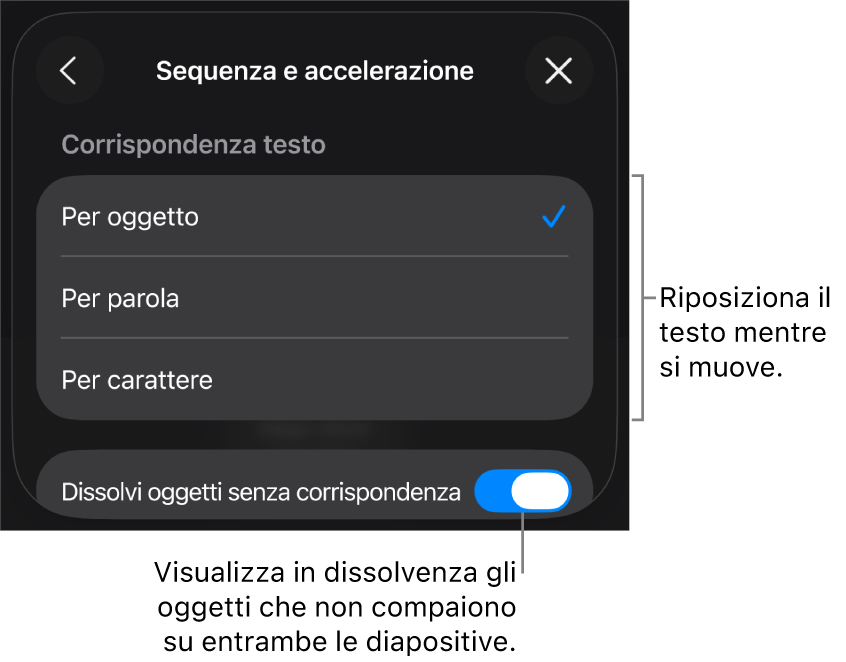 Opzioni di sequenza e accelerazione di “Spostamento magico” nel pannello Accelerazione.