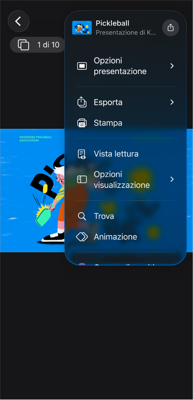 L’app Keynote con le opzioni Esporta aperte nel menu Altro della barra strumenti.