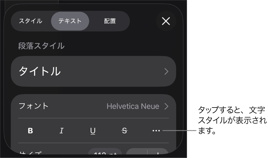上部に段落スタイルがある「フォーマット」コントロールと、そのあとに「フォント」コントロール。「フォント」の下には、「ボールド」、「イタリック」、「アンダーライン」、「取り消し線」、および「その他のテキストオプション」のボタンがあります。