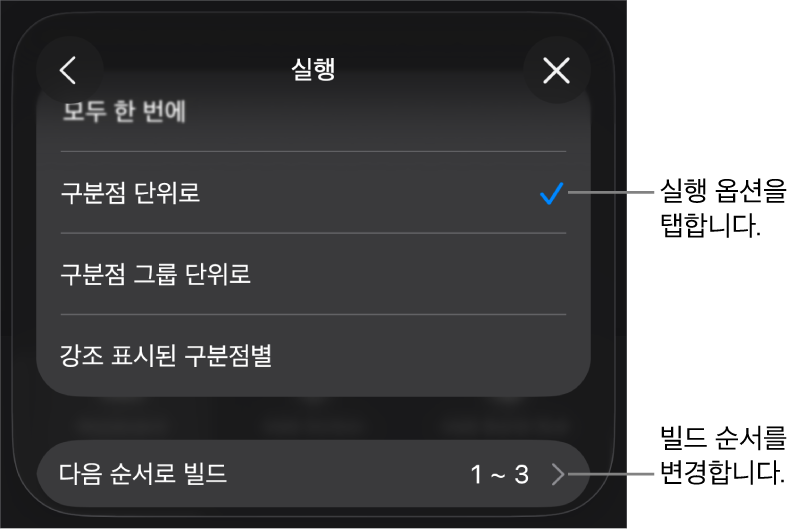 빌드인 패널에 실행 옵션.
