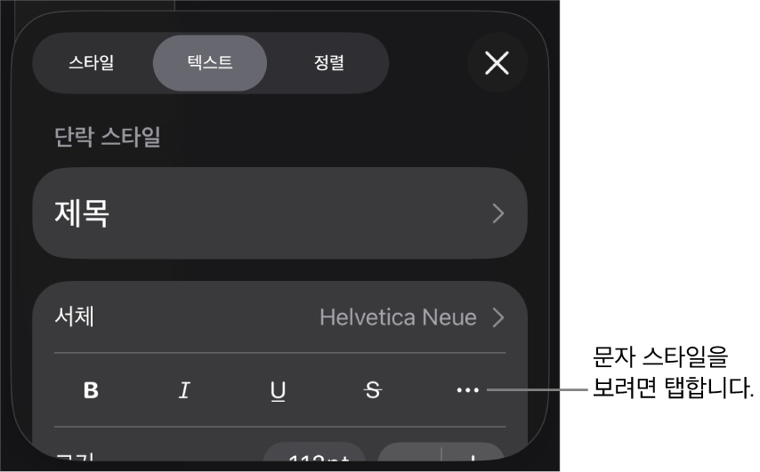 상단에 단락 스타일이 있고 그 아래에 서체 제어기가 있는 포맷 제어기. 서체 아래에는 볼드체, 이탤릭체, 밑줄체, 취소선 및 추가 텍스트 옵션 버튼이 있음.