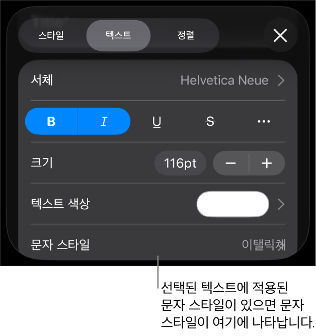 색상 제어기 아래 문자 스타일이 있는 텍스트 포맷 제어기. 문자 스타일 없음이 별표와 함께 표시됨.