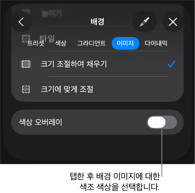 이미지가 슬라이드 배경으로 설정되고 하단에 색상 오버레이 제어기가 있는 배경 제어기.