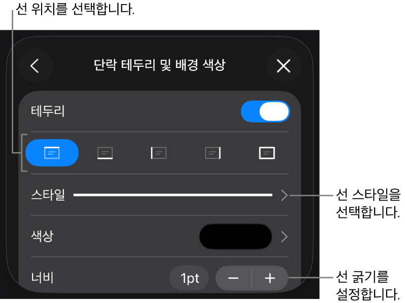 선 스타일, 굵기, 위치 및 색상을 변경하는 제어기.