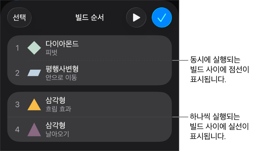 동시에 재생되는 빌드 사이에는 점선이 표시되고, 하나씩 재생되는 빌드 사이에는 실선이 표시되는 빌드 순서 메뉴.