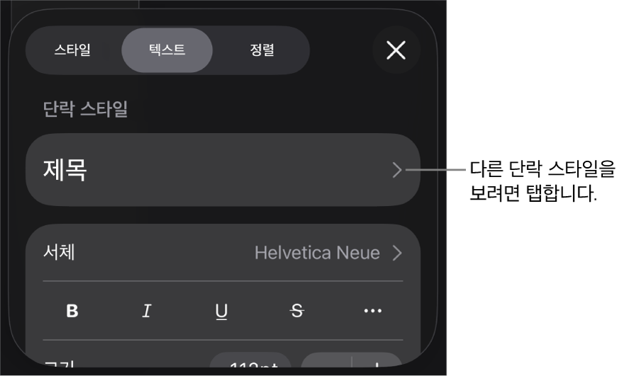 단락 및 문자 스타일, 서체, 크기 및 색상을 설정할 수 있는 텍스트 제어기를 표시하는 포맷 메뉴.