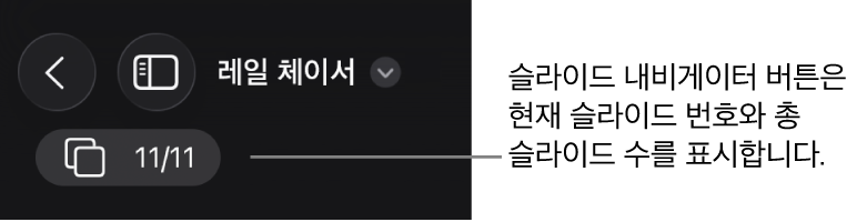 현재 슬라이드 번호 및 프레젠테이션의 총 슬라이드 개수를 표시하는 슬라이드 내비게이터 버튼.